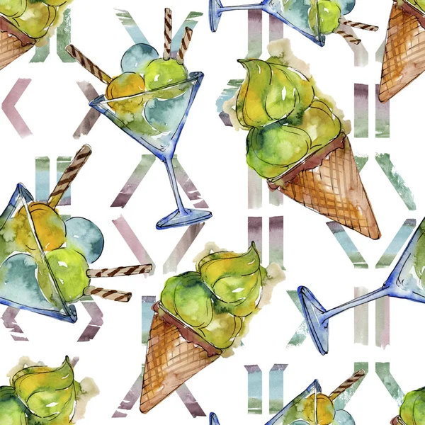 Tasty ice cream in a watercolor style. Aquarelle sweet dessert illustration set. Seamless background pattern. — Stock Photo, Image