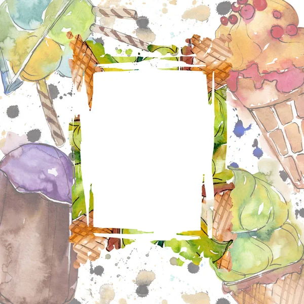 Tasty ice cream in a watercolor style. Aquarelle sweet dessert background illustration. Frame border ornament square. — Stock Photo, Image