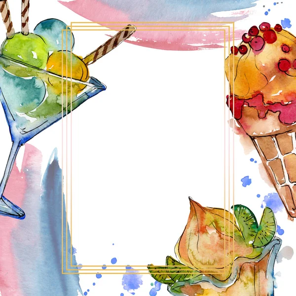 Tasty ice cream in a watercolor style. Aquarelle sweet dessert background illustration. Frame border ornament square. — Stock Photo, Image