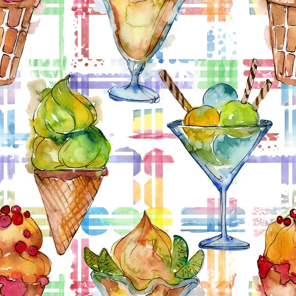 Вкусное мороженое в акварельном стиле. Набор иллюстраций к сладкому десерту Aquarelle. Бесшовный рисунок фона . — стоковое фото