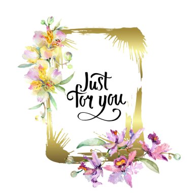 Orkide buketleri çiçek botanik çiçekler. Suluboya arka plan illüstrasyon seti. Çerçeve kenarlık süs karesi.