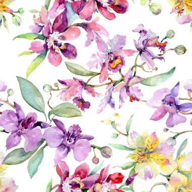 Orkide buketleri çiçek botanik çiçekler. Suluboya arka plan illüstrasyon seti. Kesintisiz arka plan deseni.