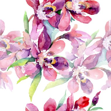 Orkide buketleri çiçek botanik çiçekler. Suluboya arka plan illüstrasyon seti. Kesintisiz arka plan deseni.