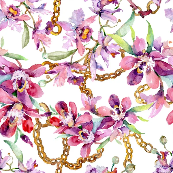 Orchid bouquets floral botanical flowers. Watercolor background illustration set. Seamless background pattern. — Stock Photo, Image