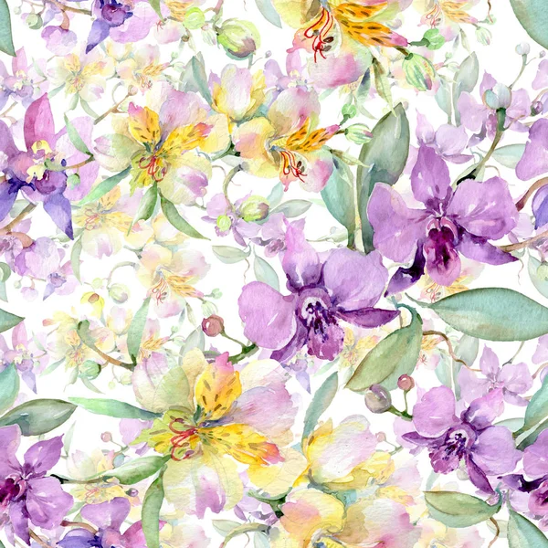 蘭の花束は花の植物の花。●水彩背景イラストセット。シームレスな背景パターン. — ストック写真