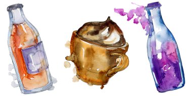 Taze ve soğuk alkolsüz içecekler. Suluboya arka plan illüstrasyon seti. İzole içecek illüstrasyon elemanı.