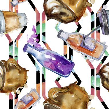 Taze ve soğuk alkolsüz içecekler. Suluboya arka plan illüstrasyon seti. Kesintisiz arka plan deseni.