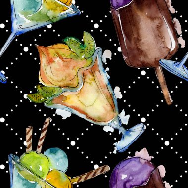 Sulu Boya stilinde lezzetli dondurma. Aquarelle şekerli tatlı şekilde ayarlayın. Sorunsuz arka plan deseni.