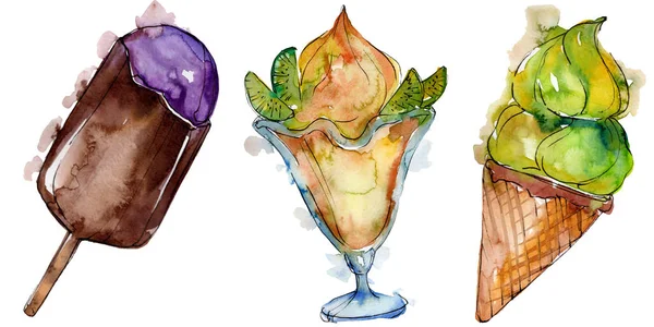 Es krim lezat dengan gaya cat air. Satu set ilustrasi makanan penutup manis Aquarelle. Elemen latar belakang makanan penutup yang terisolasi . — Stok Foto