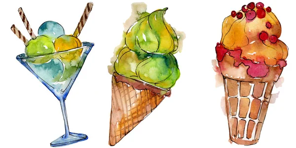 Smaczne lody w stylu przypominającym akwarele. Aquarelle słodki deser ilustracja zestaw. Desery na białym tle elementu. — Zdjęcie stockowe