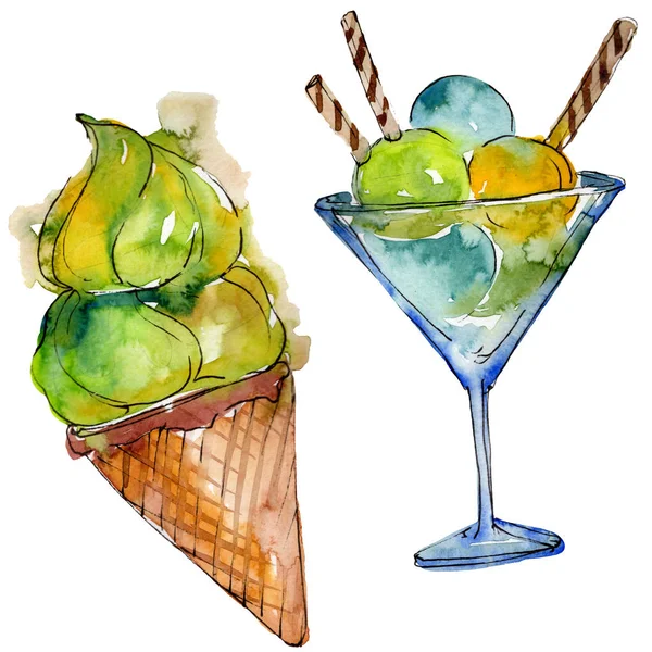 Läckra glass i akvarell stil. Aquarelle söt efterrätt illustration set. Isolerade desserter bakgrundselement. — Stockfoto