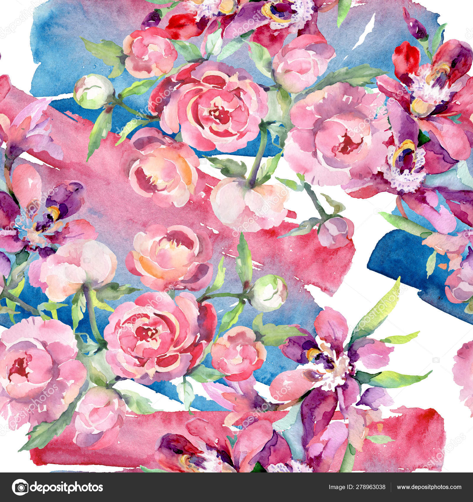 花束与牡丹花植物花 水彩背景插图集 无缝背景模式 图库照片 C Mystocks 花束与牡丹花植物花 水彩背景插图集 无缝背景模式 图库照片 C Mystocks