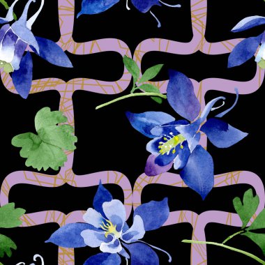 Mavi aquilegia çiçek botanik çiçekler. Suluboya arka plan illüstrasyon seti. Kesintisiz arka plan deseni.