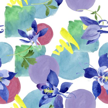 Mavi aquilegia çiçek botanik çiçekler. Suluboya arka plan illüstrasyon seti. Kesintisiz arka plan deseni.