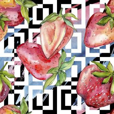 Çilek sağlıklı gıda taze meyve. Suluboya arka plan illüstrasyon seti. Kesintisiz arka plan deseni.