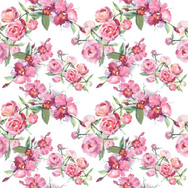 Şakayık çiçek botanik çiçekleri ile buket. Suluboya arka plan illüstrasyon seti. Kesintisiz arka plan deseni.