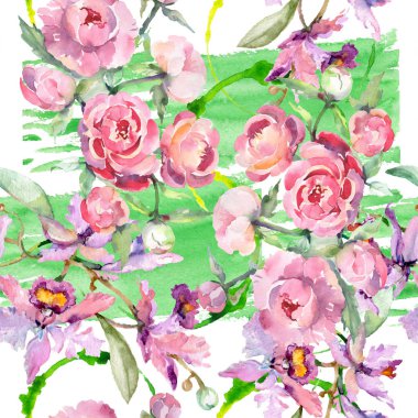 Şakayık çiçek botanik çiçekleri ile buket. Suluboya arka plan illüstrasyon seti. Kesintisiz arka plan deseni.