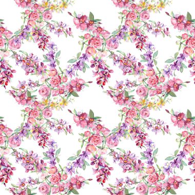 Şakayık çiçek botanik çiçekleri ile buket. Suluboya arka plan illüstrasyon seti. Kesintisiz arka plan deseni.