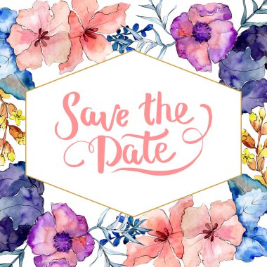 Buketler çiçek botanik çiçekler. Suluboya arka plan illüstrasyon küme. Çerçeve kenarlığı süsleme Meydanı.