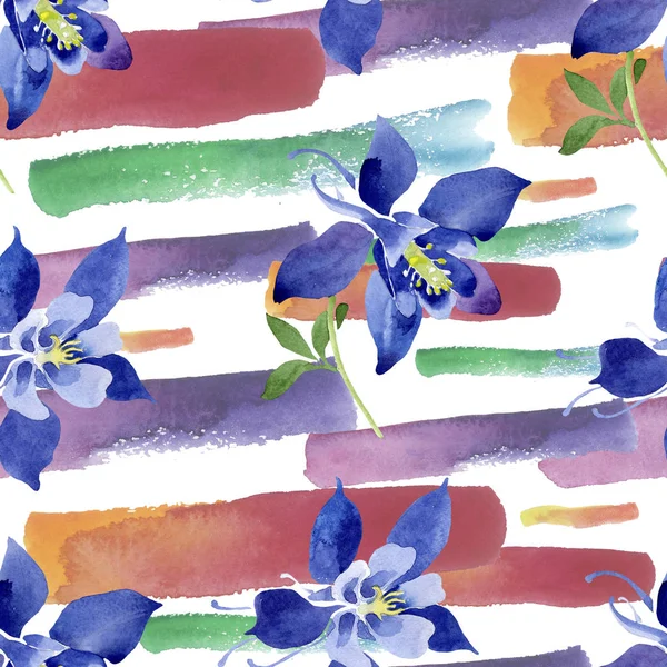 Niebieski Aquilegia kwiatowy kwiatów botanicznych. Akwarela zestaw ilustracji tła. Płynny wzór tła. — Zdjęcie stockowe