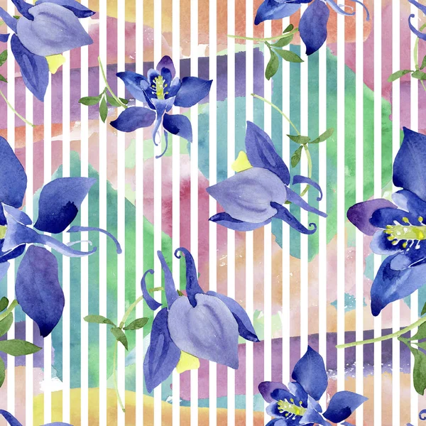 Blå Aquilegia blommiga botaniska blommor. Akvarell bakgrund illustration uppsättning. Sömlöst bakgrundsmönster. — Stockfoto