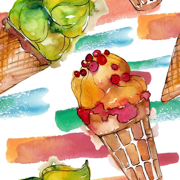 Νόστιμο παγωτό σε στυλ υδατογραφίας. Ακουαρέλα γλυκό επιδόρπιο εικονογράφηση σύνολο. Απρόσκοπτη υπόβαθρο μοτίβο. — Φωτογραφία Αρχείου