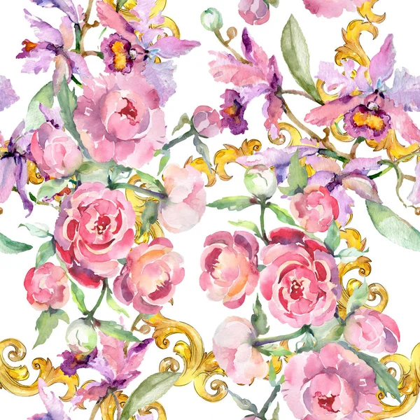 Bouquet with peony floral botanical flowers. Watercolor background illustration set. Seamless background pattern. — Stock Photo, Image