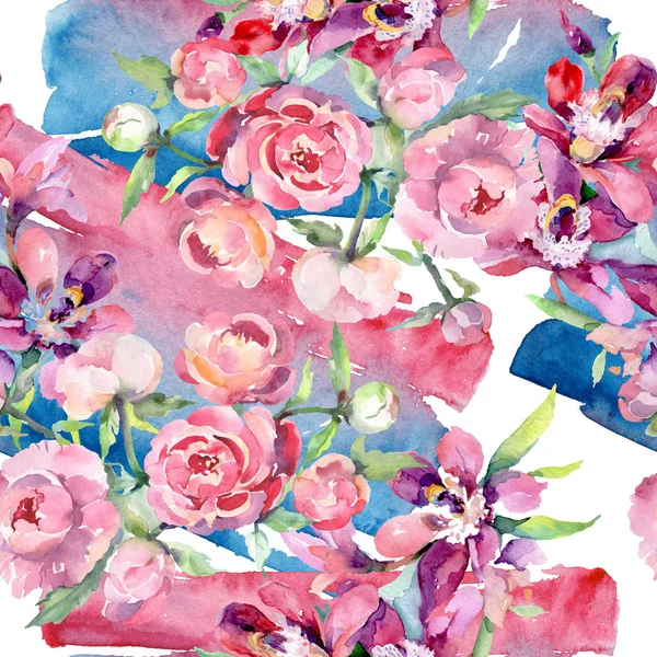 Boeket met Peony bloemen botanische bloemen. Aquarel achtergrond illustratie instellen. Naadloos achtergrond patroon. — Stockfoto