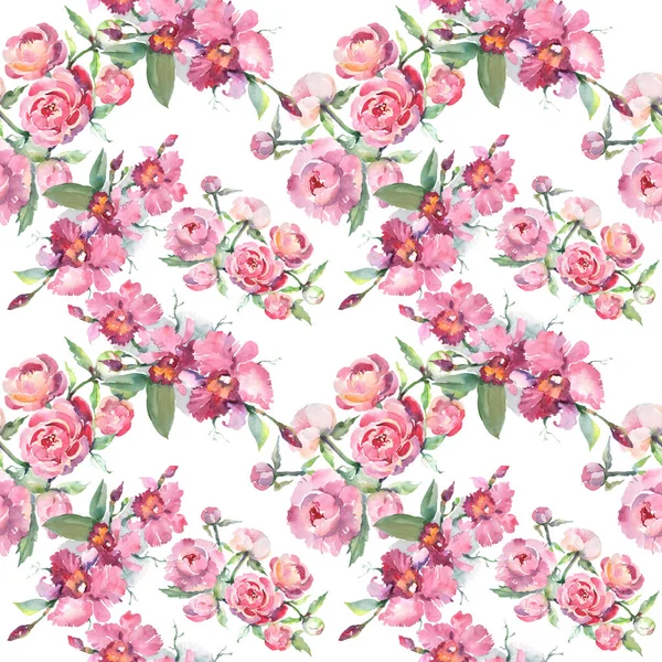 Profumo con fiori botanici floreali di peonia. Acquerello sfondo illustrazione set. Modello di sfondo senza soluzione di continuità . — Foto Stock