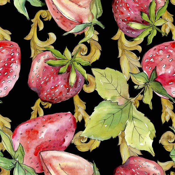草莓健康食品新鲜浆果。水彩背景插图集。无缝背景模式. — 图库照片