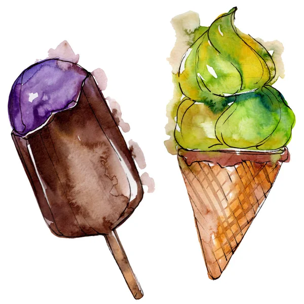 Smaczne lody w stylu przypominającym akwarele. Aquarelle słodki deser ilustracja zestaw. Desery na białym tle elementu. — Zdjęcie stockowe