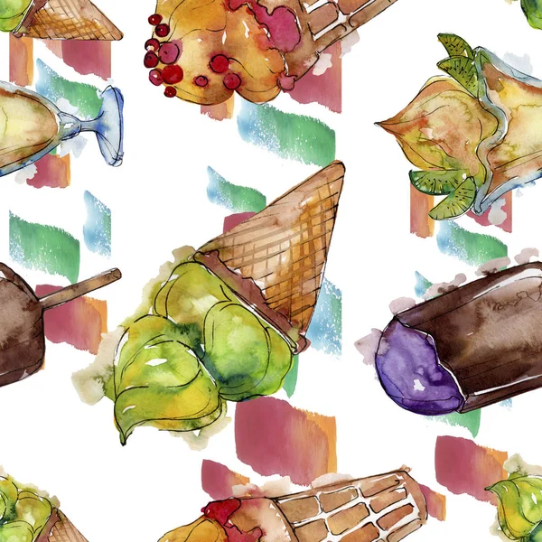 Leckeres Eis im Aquarell-Stil. Aquarell süßes Dessertillustrationsset. nahtloses Hintergrundmuster. — Stockfoto