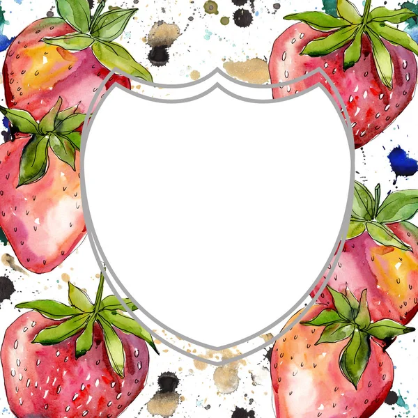 Fraise alimentation saine fraise fraîche. Ensemble d'illustration de fond aquarelle. Cadre bordure ornement carré . — Photo