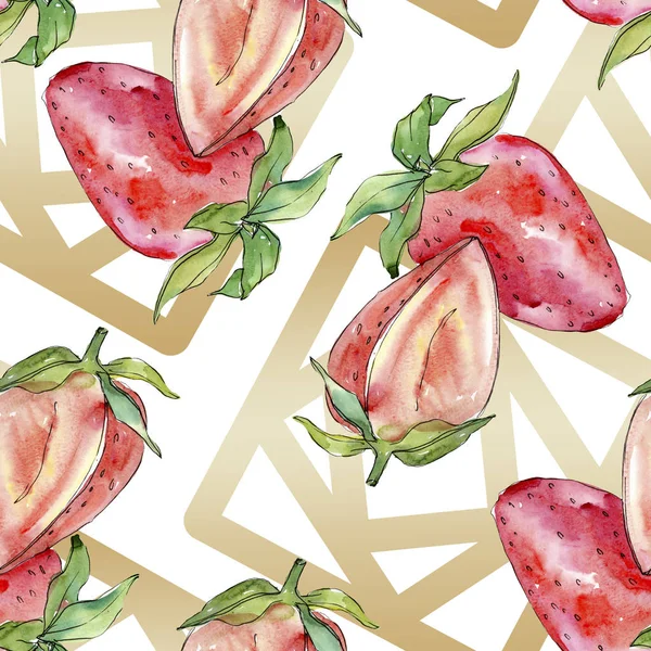 草莓健康食品新鲜浆果。水彩背景插图集。无缝背景模式. — 图库照片