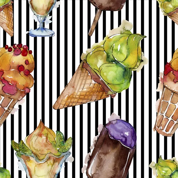 Tasty ice cream in a watercolor style. Aquarelle sweet dessert illustration set. Seamless background pattern. — Stock Photo, Image