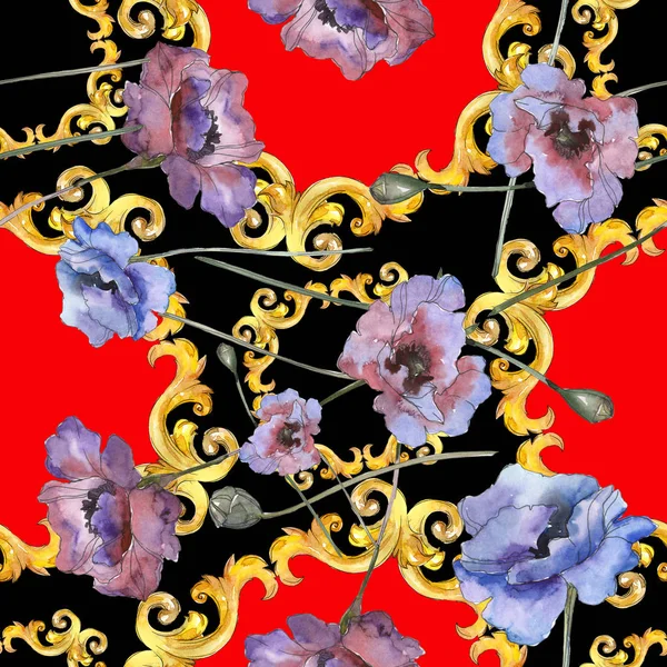Klaproos Floral botanische bloemen. Aquarel achtergrond illustratie instellen. Naadloos achtergrond patroon. — Stockfoto