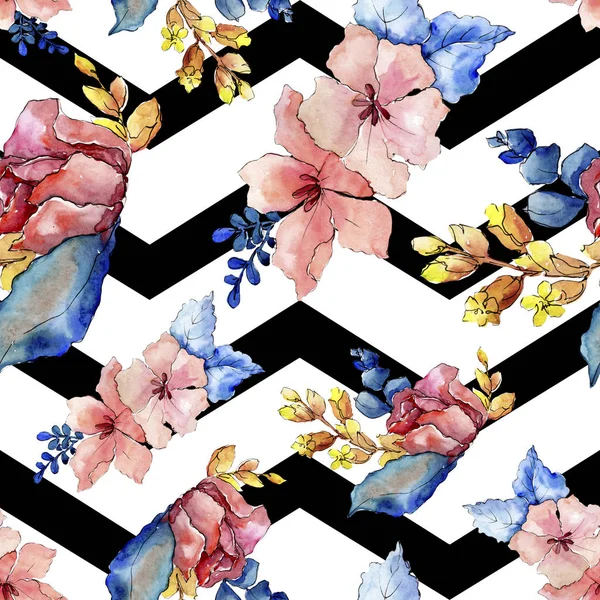부케 꽃 식물 꽃입니다. 수채화 배경 그림 설정 합니다. 원활한 배경 패턴. — 스톡 사진