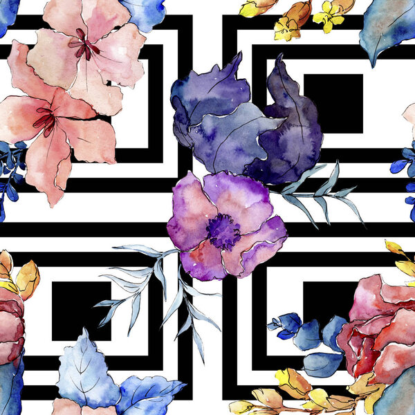 Bouquets floral botanical flowers. Watercolor background illustration set. Seamless background pattern.