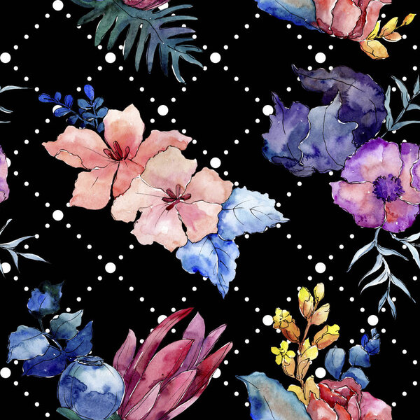 Bouquets floral botanical flowers. Watercolor background illustration set. Seamless background pattern.