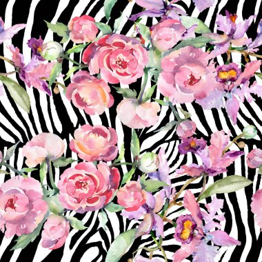 Şakayık çiçek botanik çiçekleri ile buket. Suluboya arka plan illüstrasyon seti. Kesintisiz arka plan deseni.