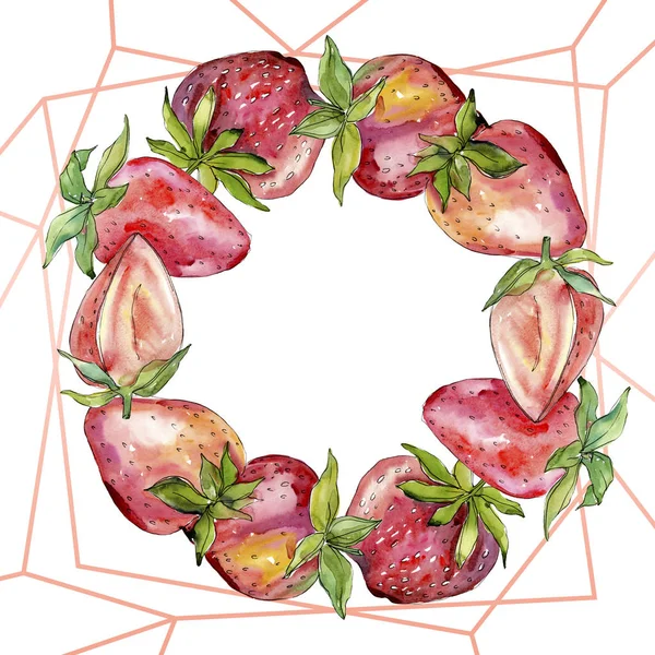 Fraise alimentation saine fraise fraîche. Ensemble d'illustration de fond aquarelle. Cadre bordure ornement carré . — Photo