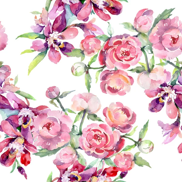 Bouquet with peony floral botanical flowers. Watercolor background illustration set. Seamless background pattern. — Stock Photo, Image