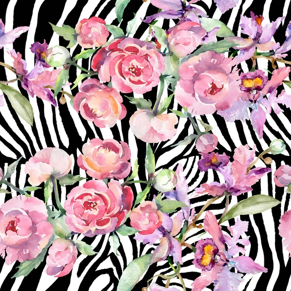 Şakayık çiçek botanik çiçekleri ile buket. Suluboya arka plan illüstrasyon seti. Kesintisiz arka plan deseni.