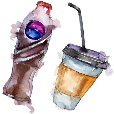 Taze ve soğuk alkolsüz içecekler. Suluboya arka plan illüstrasyon seti. İzole içecek illüstrasyon elemanı.