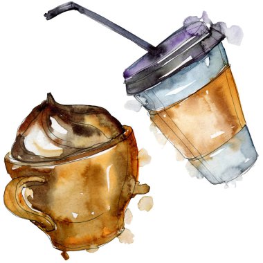 Taze ve soğuk alkolsüz içecekler. Suluboya arka plan illüstrasyon seti. İzole içecek illüstrasyon elemanı.