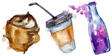 Taze ve soğuk alkolsüz içecekler. Suluboya arka plan illüstrasyon seti. İzole içecek illüstrasyon elemanı.