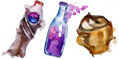 Taze ve soğuk alkolsüz içecekler. Suluboya arka plan illüstrasyon seti. İzole içecek illüstrasyon elemanı.