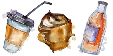 Taze ve soğuk alkolsüz içecekler. Suluboya arka plan illüstrasyon seti. İzole içecek illüstrasyon elemanı.