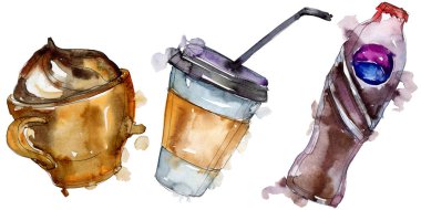 Taze ve soğuk alkolsüz içecekler. Suluboya arka plan illüstrasyon seti. İzole içecek illüstrasyon elemanı.