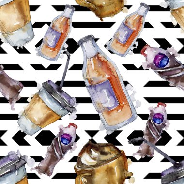 Taze ve soğuk alkolsüz içecekler. Suluboya arka plan illüstrasyon seti. Kesintisiz arka plan deseni.